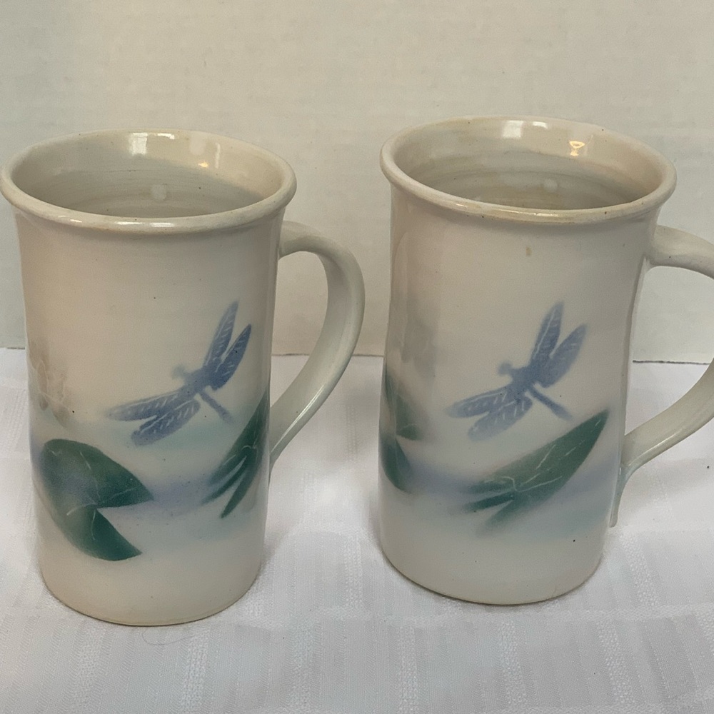 POTTERY | Set of 2 | Blue, Green and Cream Dragonfly Mugs / Cups